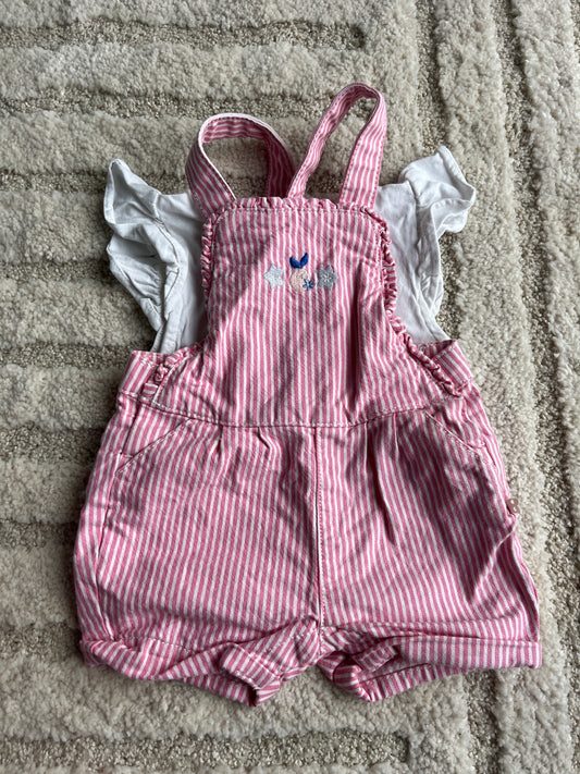 Ensemble salopette courte en jean à rayures roses + haut blanc - 6 mois