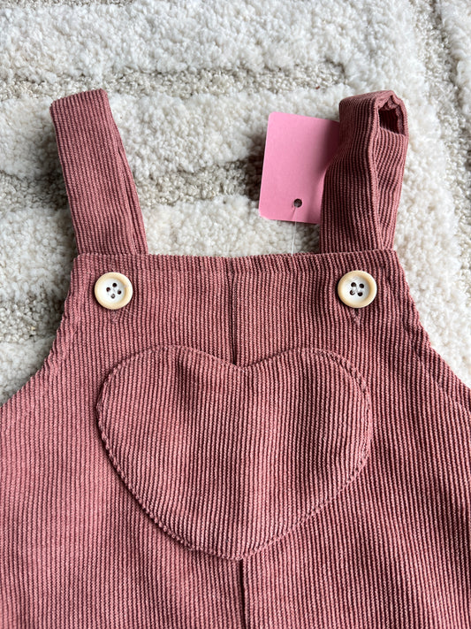 Salopette longue côtelé rose poudré avec cœur - 6/9 mois