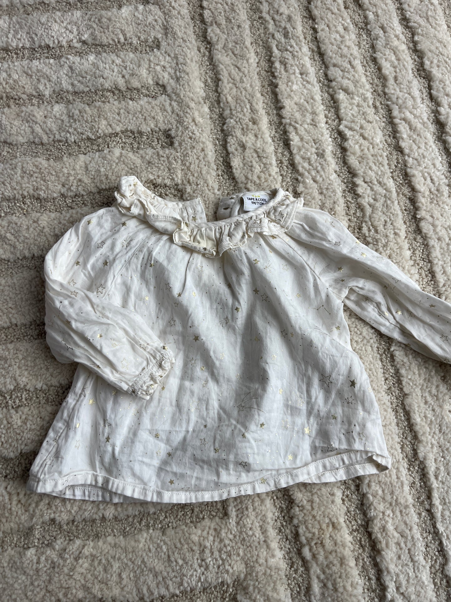 Blouse à manches longues crème motifs étoiles col volanté - 9 mois