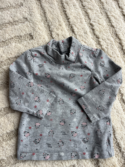 T-shirt à manches longues gris motifs pingouins avec col roulé - 9 mois