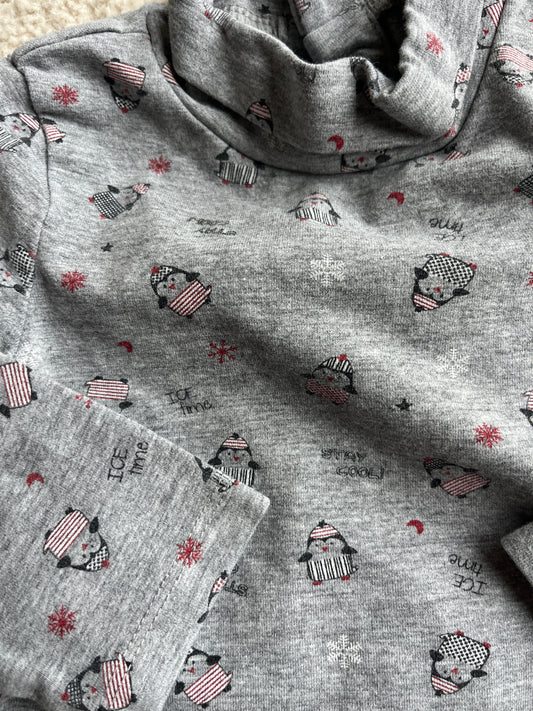 T-shirt à manches longues gris motifs pingouins avec col roulé - 9 mois