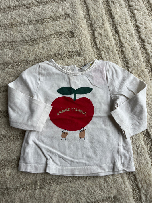 T-shirt à manches longues blanc motif pomme « graine d’amour » - 9 mois