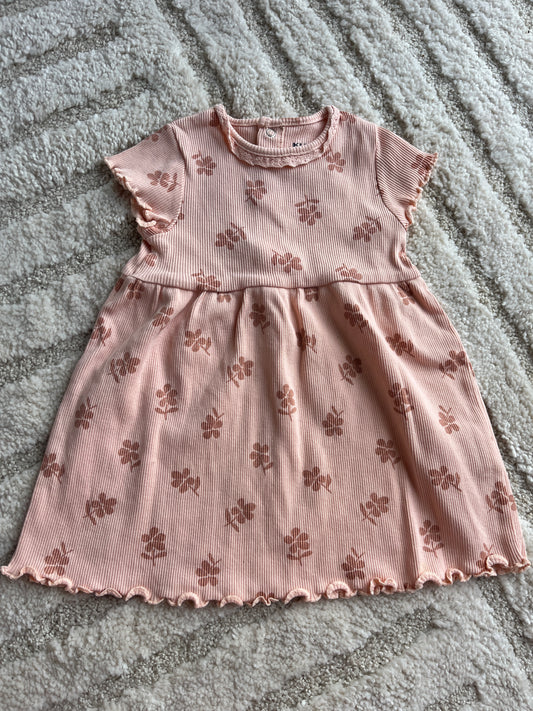 Robe à manches courtes rose côtelé motifs fleurs - 12 mois