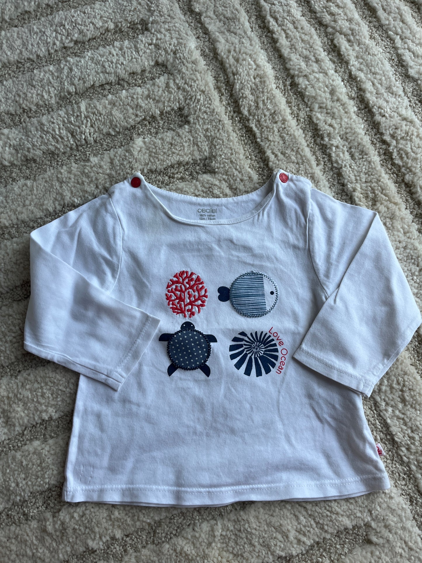 T-shirt à manches longues blanc motifs océan « love ocean » - 12 mois