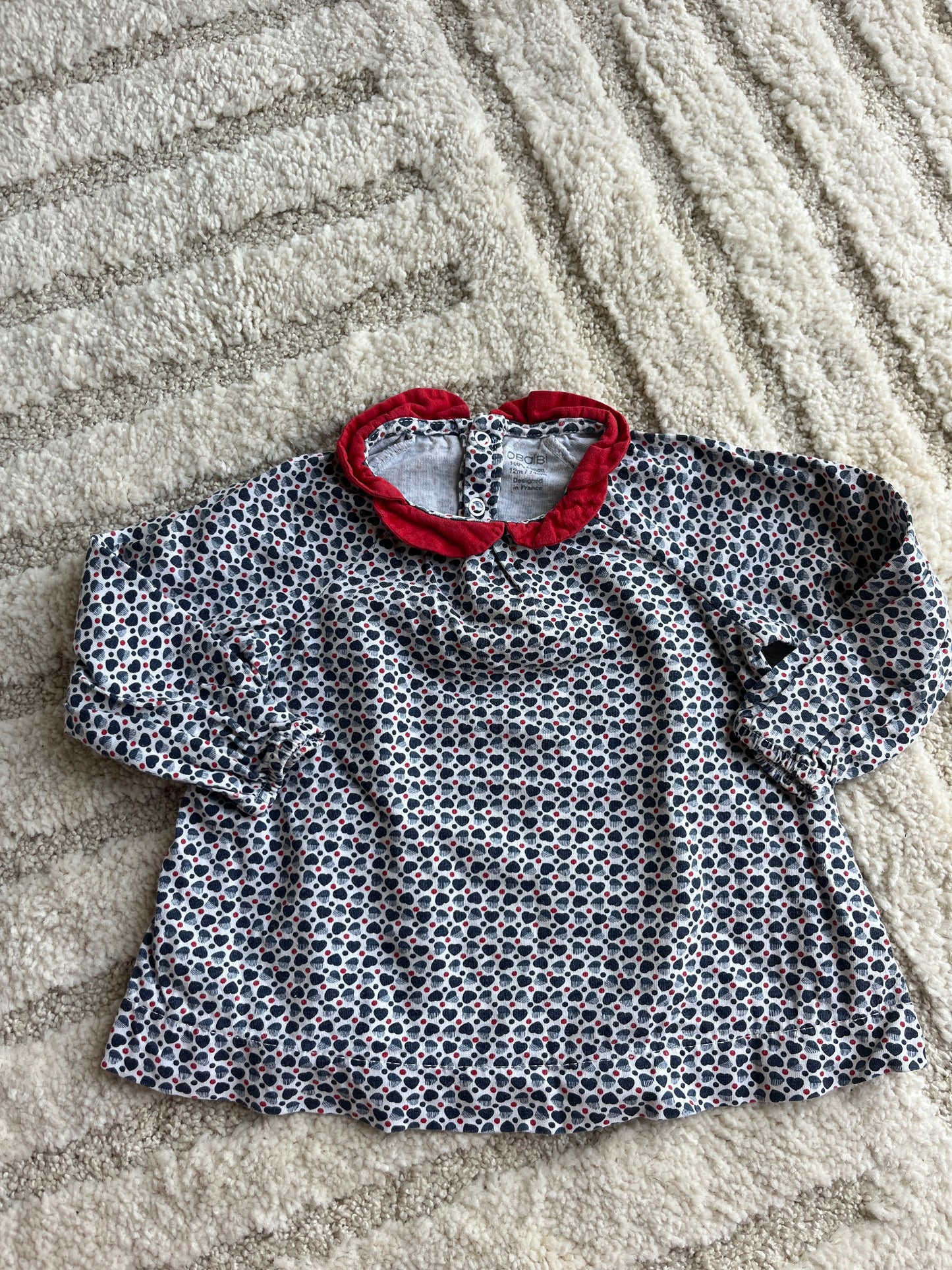 T-shirt à manches longues motif cœurs bleus et col Claudine Obaïbi - 12 mois