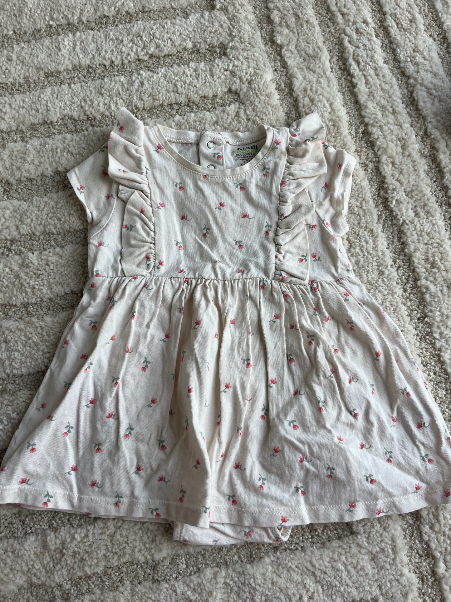 Robe-body sans manche beige motifs fleurs rose - 12 mois