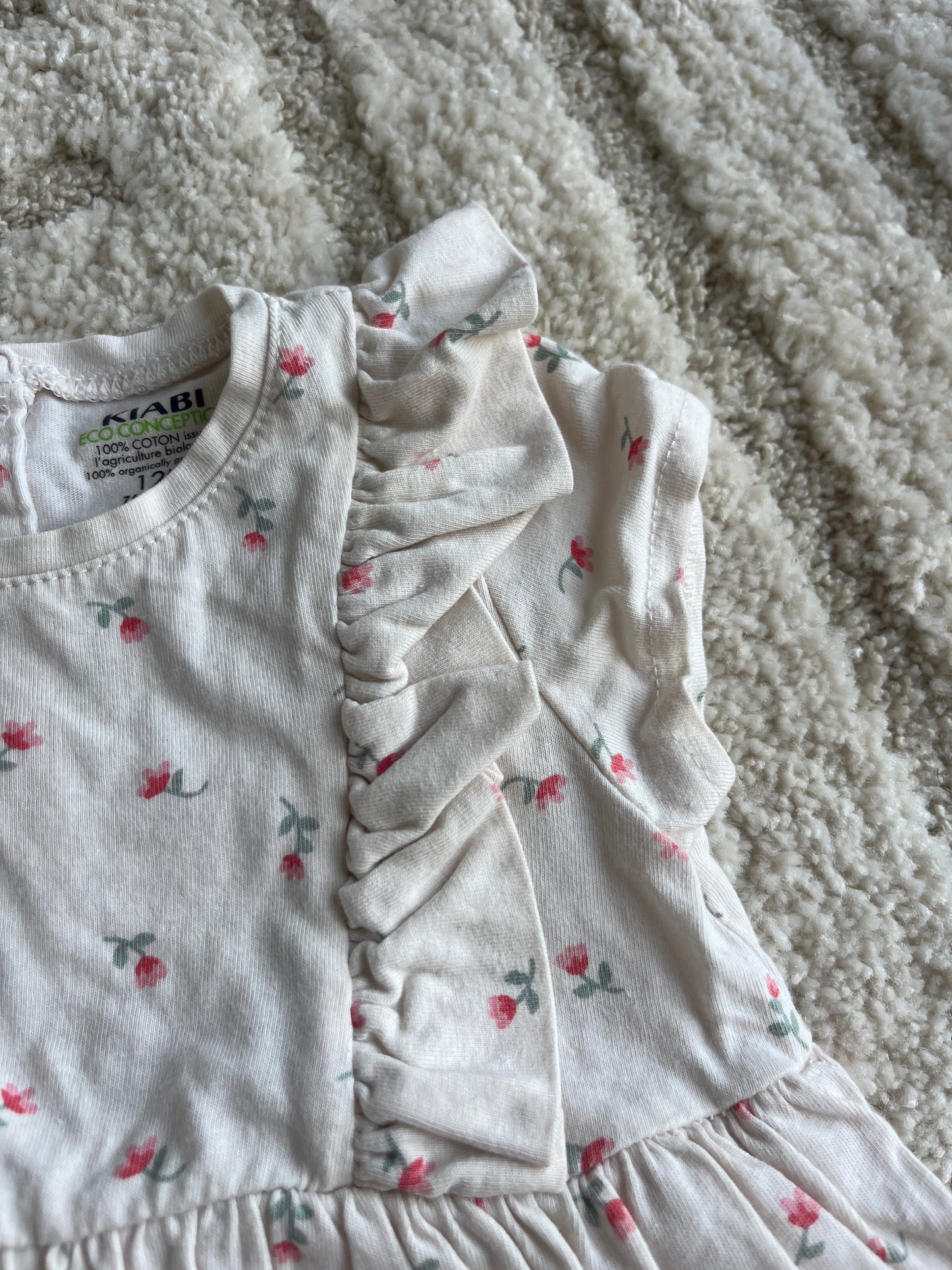 Robe-body sans manche beige motifs fleurs rose - 12 mois