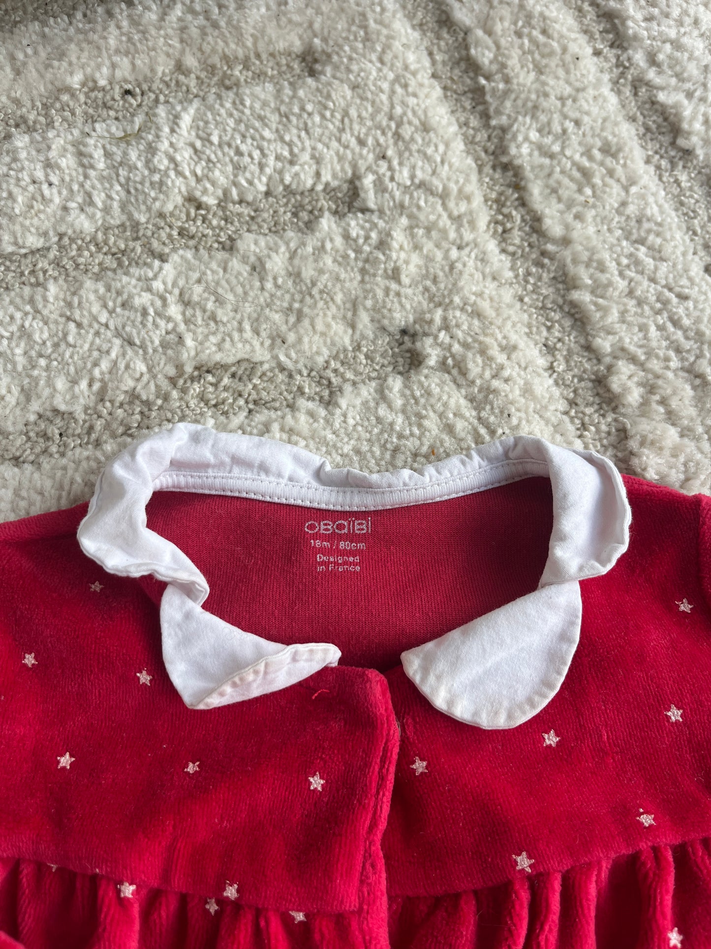 Pyjama velours rouge avec pois et col Claudine blanc Obaïbi - 18 mois