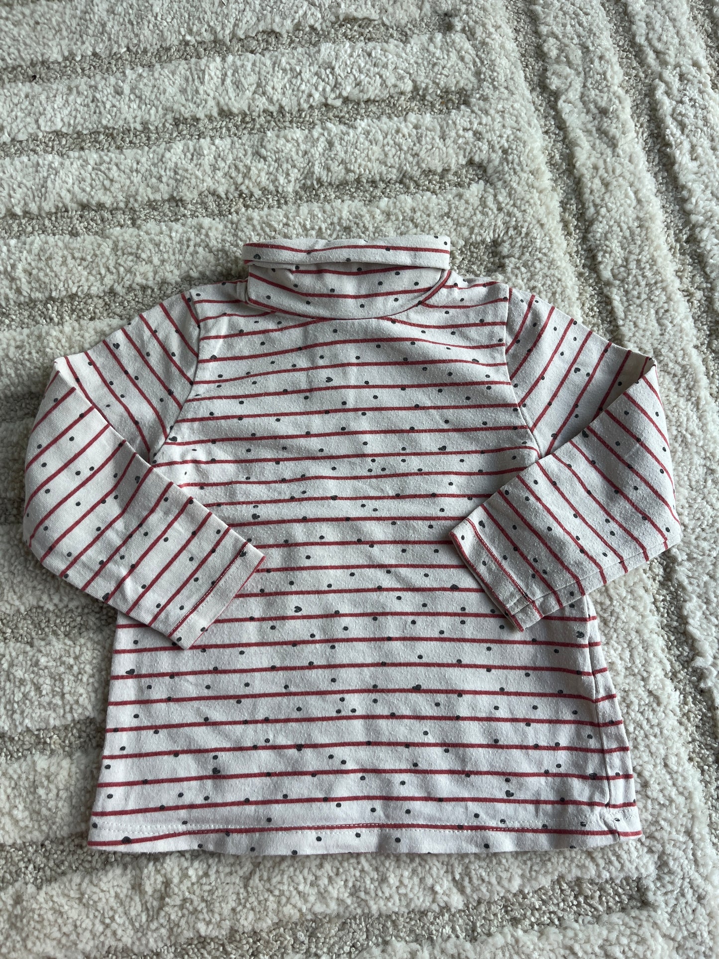 T-shirt à manches longues beige col roulé motifs rayures rouges et pois noirs - 18 mois