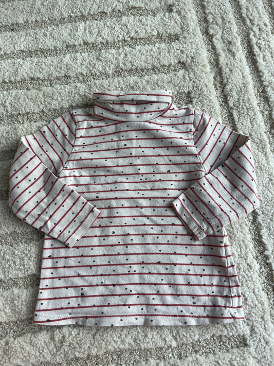 T-shirt à manches longues beige col roulé motifs rayures rouges et pois noirs - 18 mois