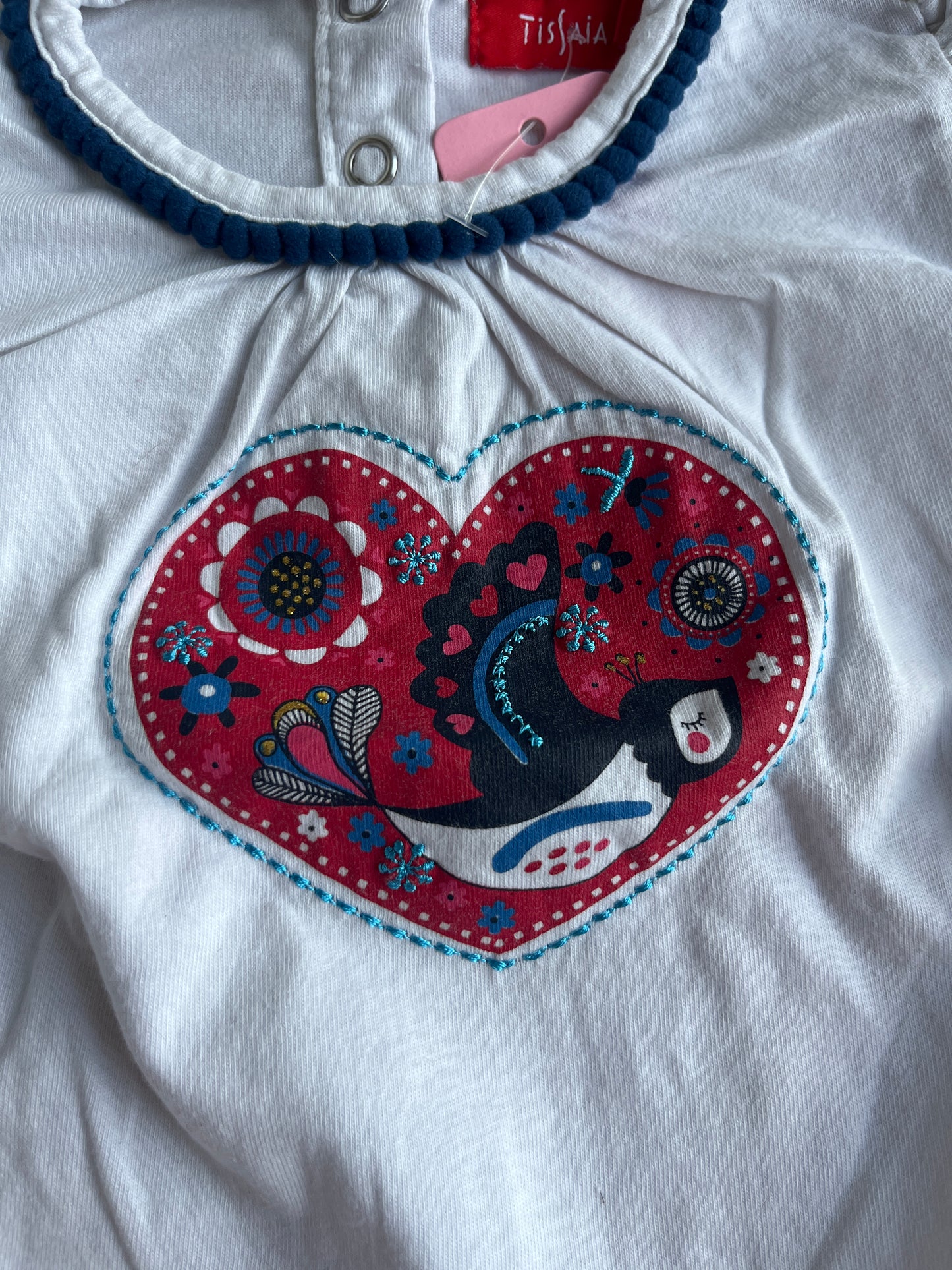 T-shirt à manches longues blanc et bleu canard motif coeur fleuri - 18 mois