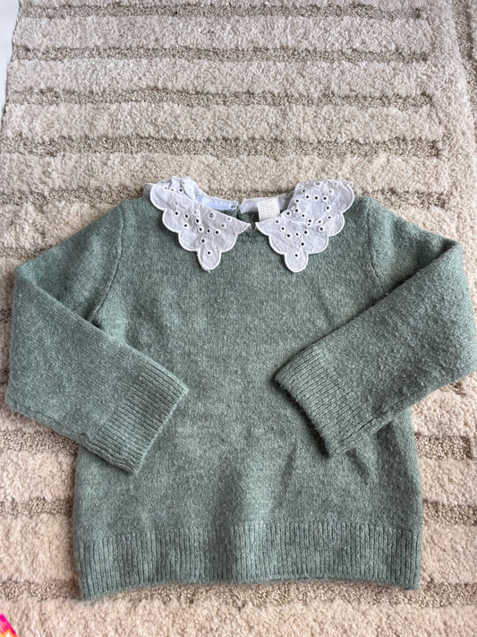 Pull en laine vert avec col Claudine en tissu blanc et broderies H&M - 86 cm
