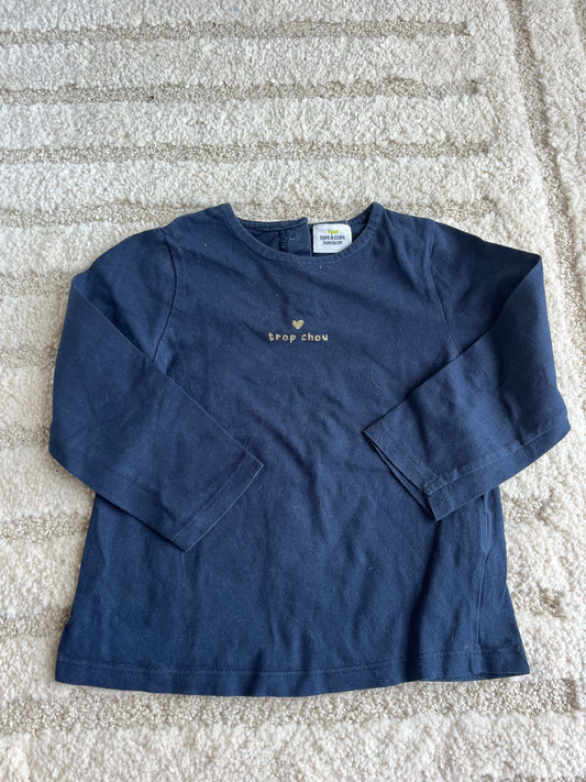 T-shirt à manches longues bleu marine « trop chou » - 24 mois