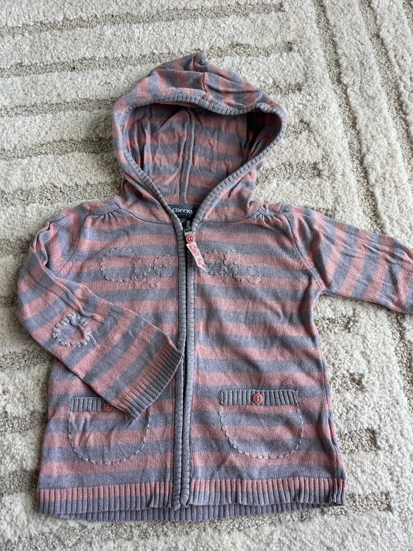 Gilet à manches longues et à capuche rayé rose et gris Creeks - 24 mois