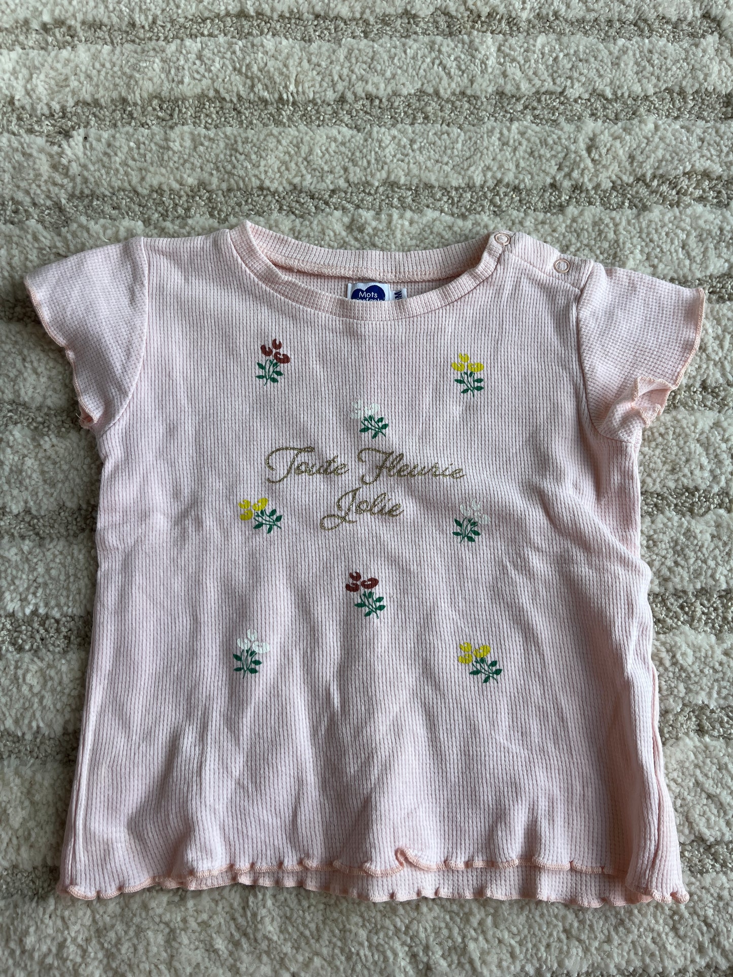 T-shirt à manches courtes en maille gaufrée rose « toute fleurie jolie » - 24 mois