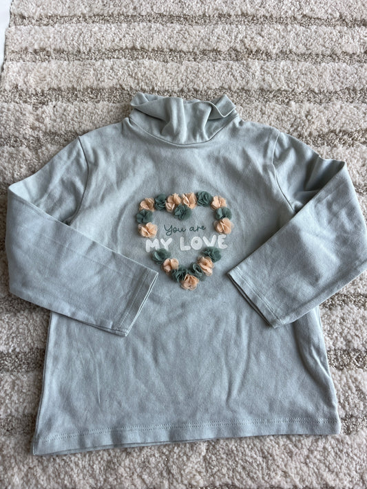 T-shirt à manches longues et col roulé vert céladon avec fleurs en relief - 24 mois