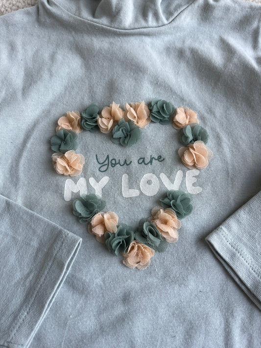 T-shirt à manches longues et col roulé vert céladon avec fleurs en relief - 24 mois