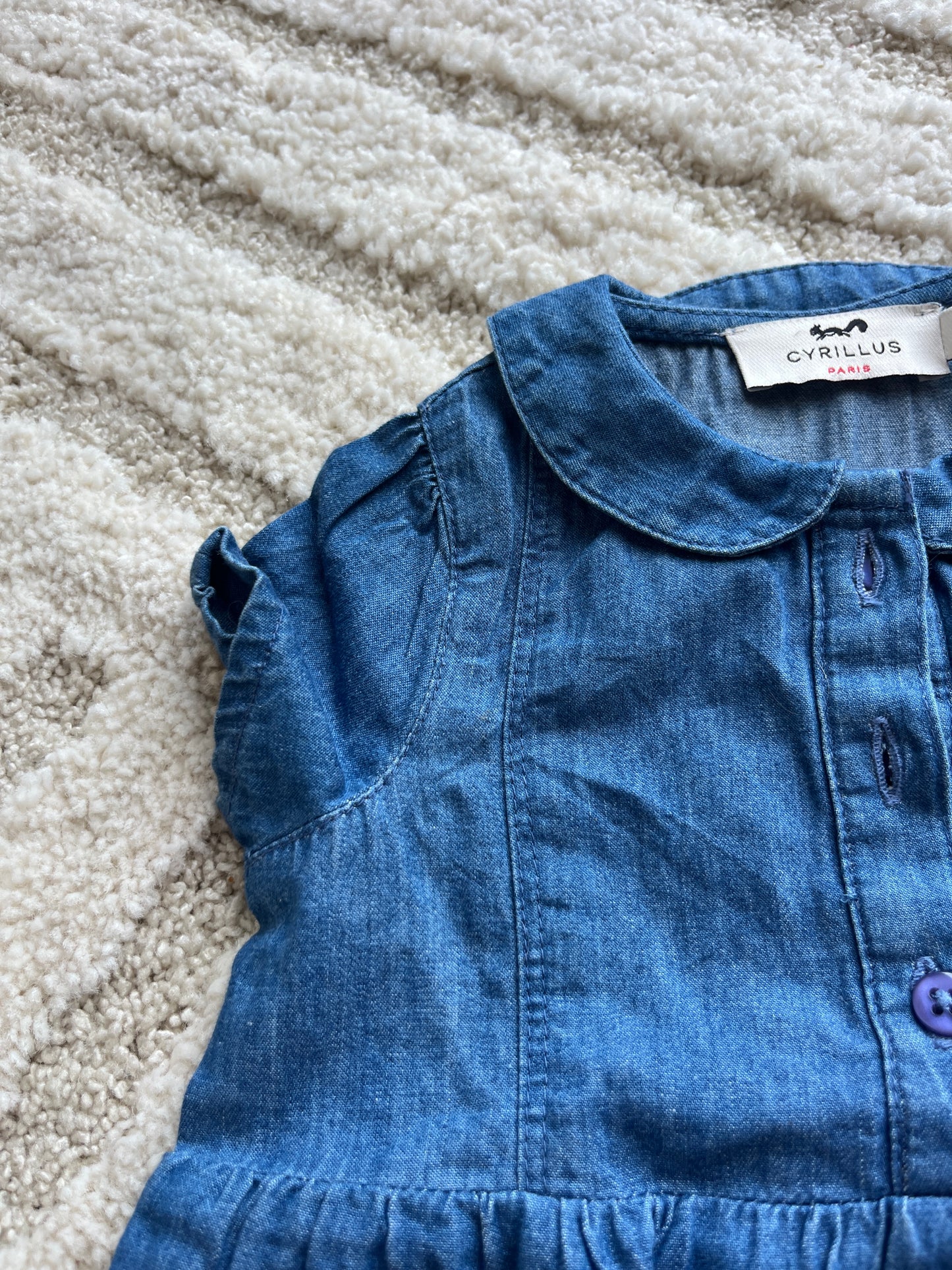 Robe à manches courtes bleu effet jean avec col Claudine NEUF Cyrillus - 6 mois
