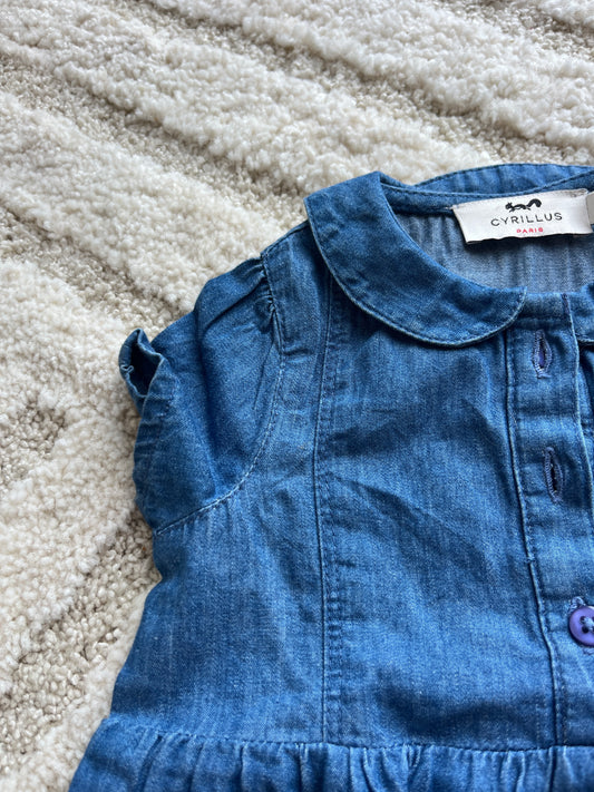 Robe à manches courtes bleu effet jean avec col Claudine NEUF Cyrillus - 6 mois