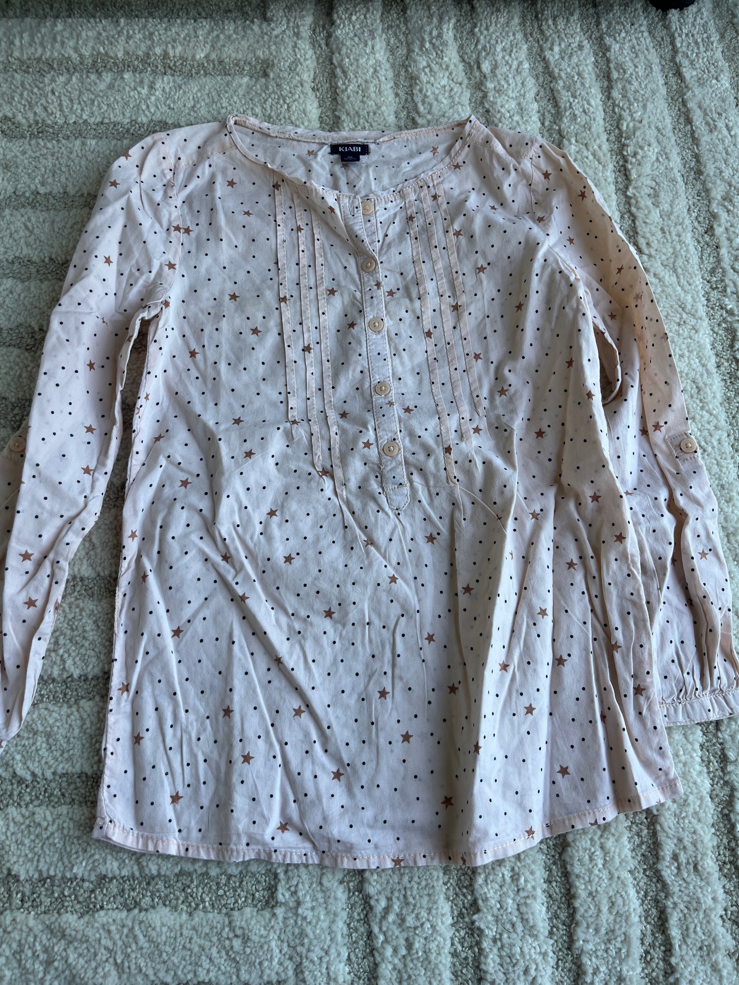 Chemise à manches longues rose motifs pois noirs et étoiles - 8 ans