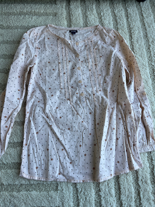 Chemise à manches longues rose motifs pois noirs et étoiles - 8 ans