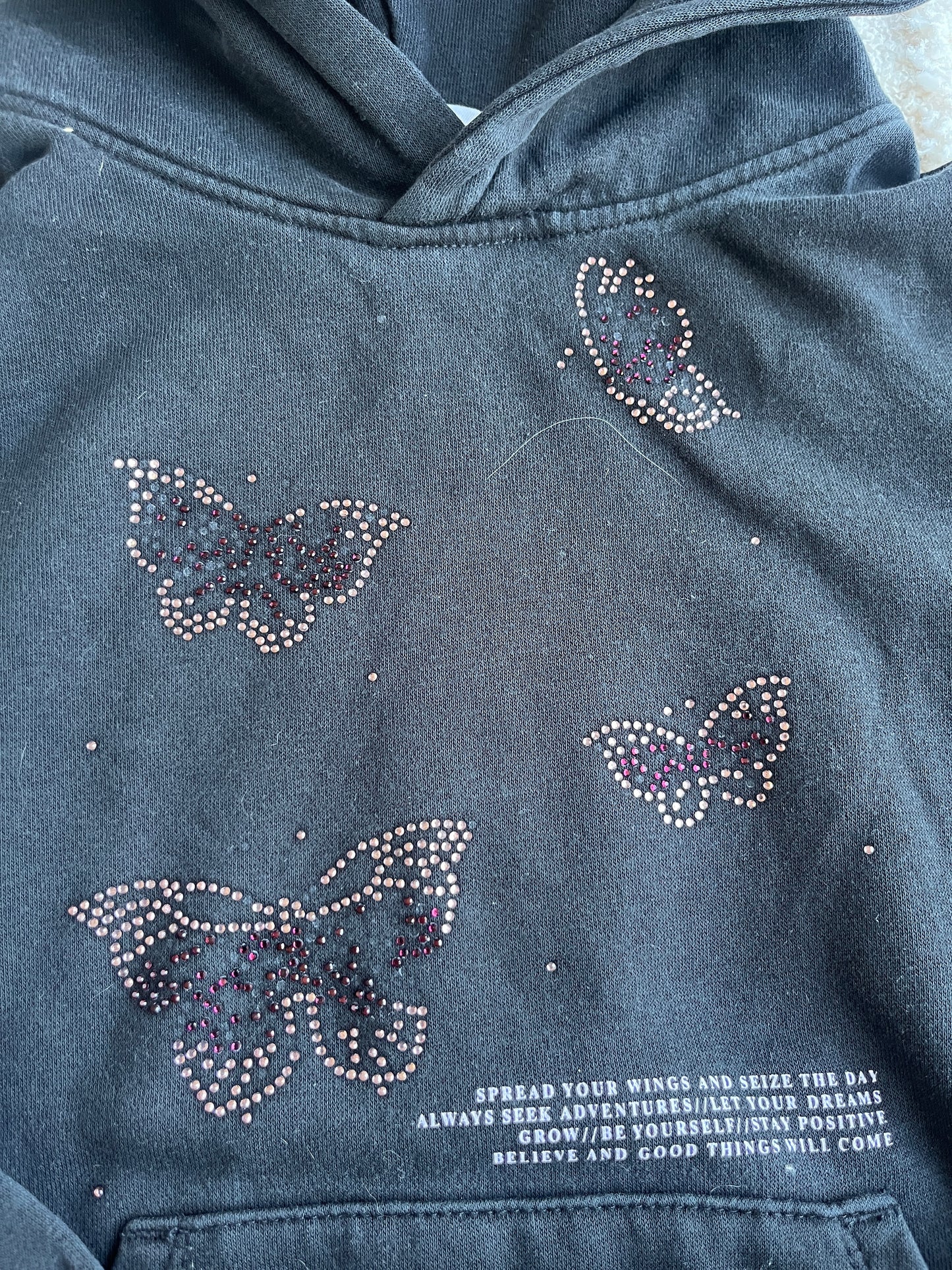 Sweat à manches longues et capuche noir motifs papillons strass rose H&M - 8/10 ans