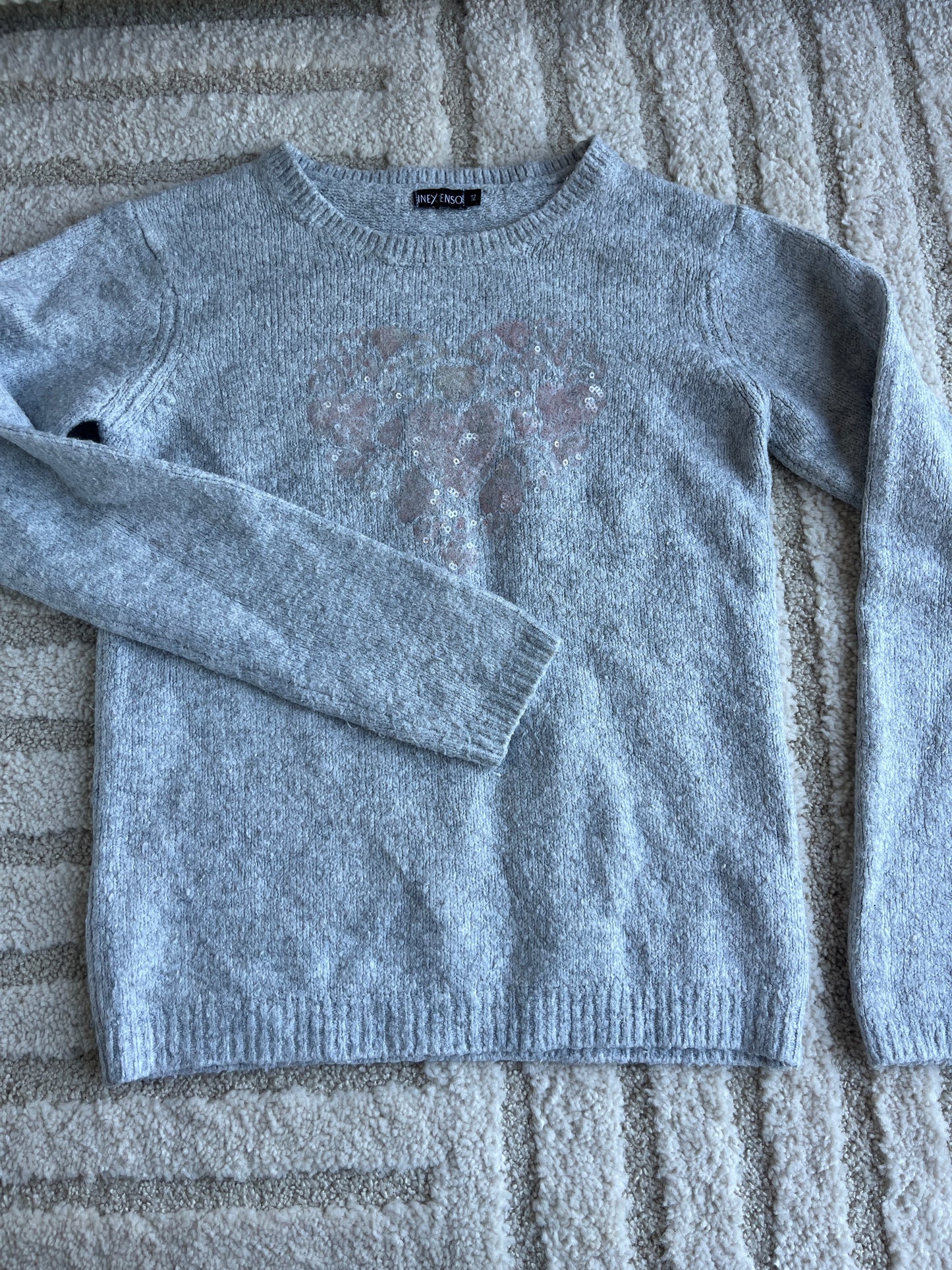 Pull à manches longues gris avec cœur en strass rose - 12 ans