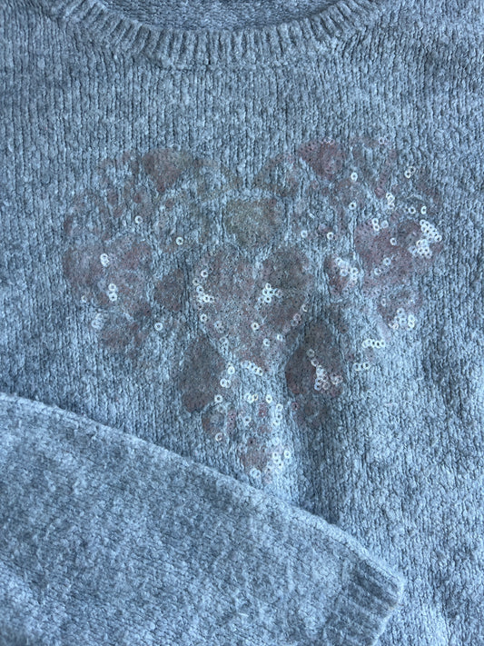 Pull à manches longues gris avec cœur en strass rose - 12 ans