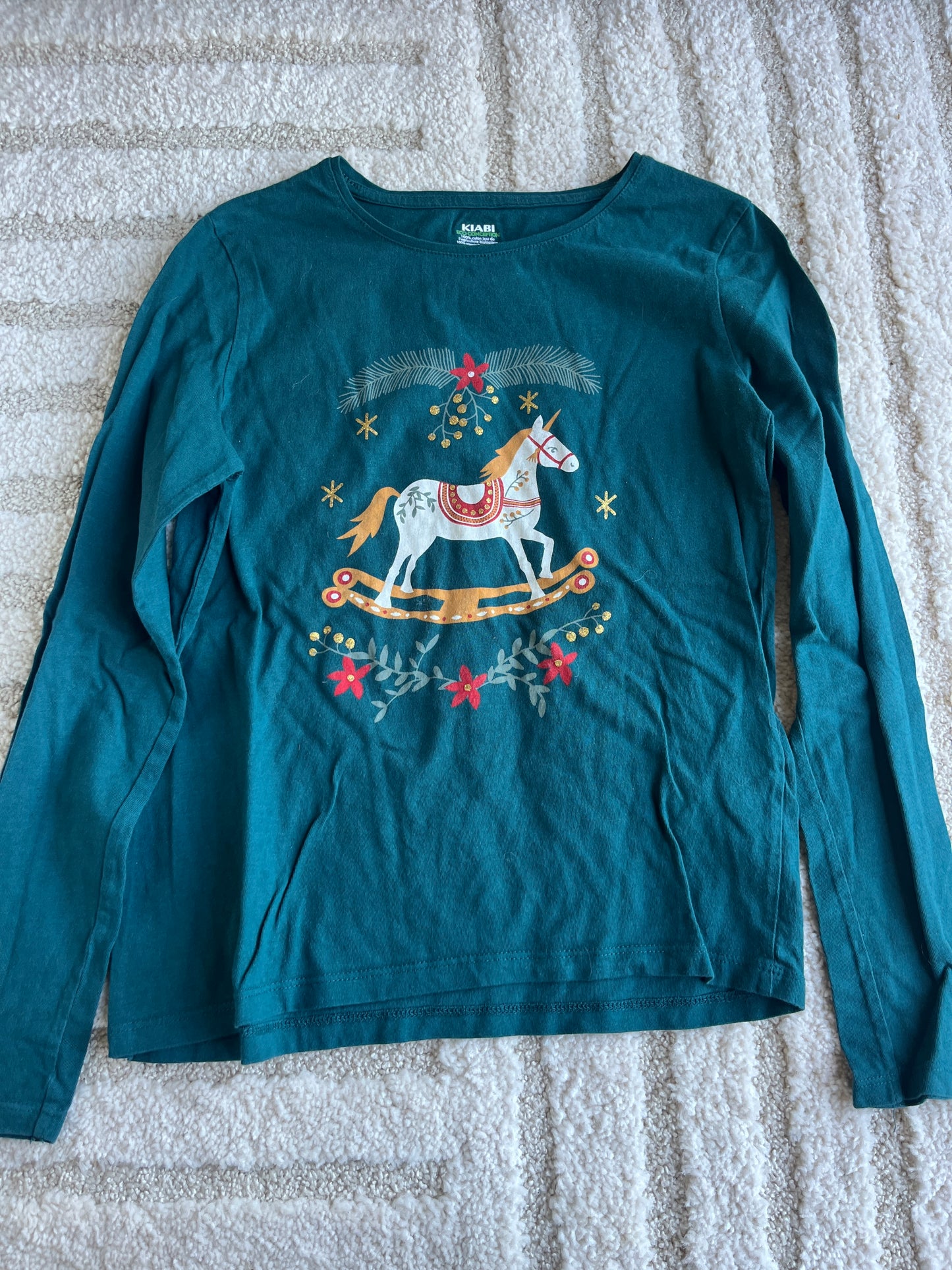 T-shirt à manches longues vert avec cheval à bascule - 12 ans