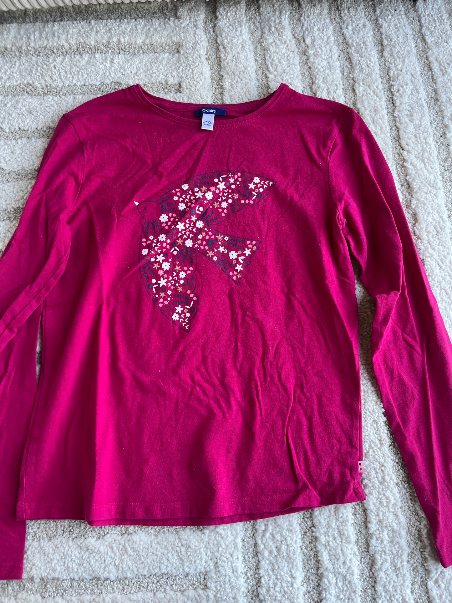 T-shirt à manches longues fuchsia oiseau fleuri Okaïdi - 14 ans