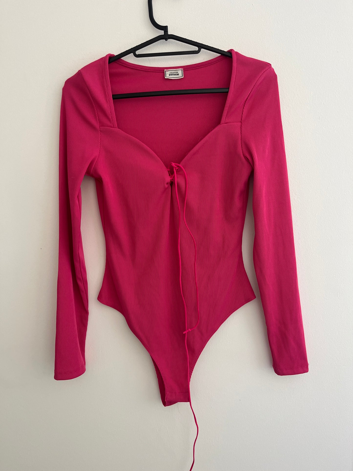 Body à manches longues rose fuchsia et col à lacets - S