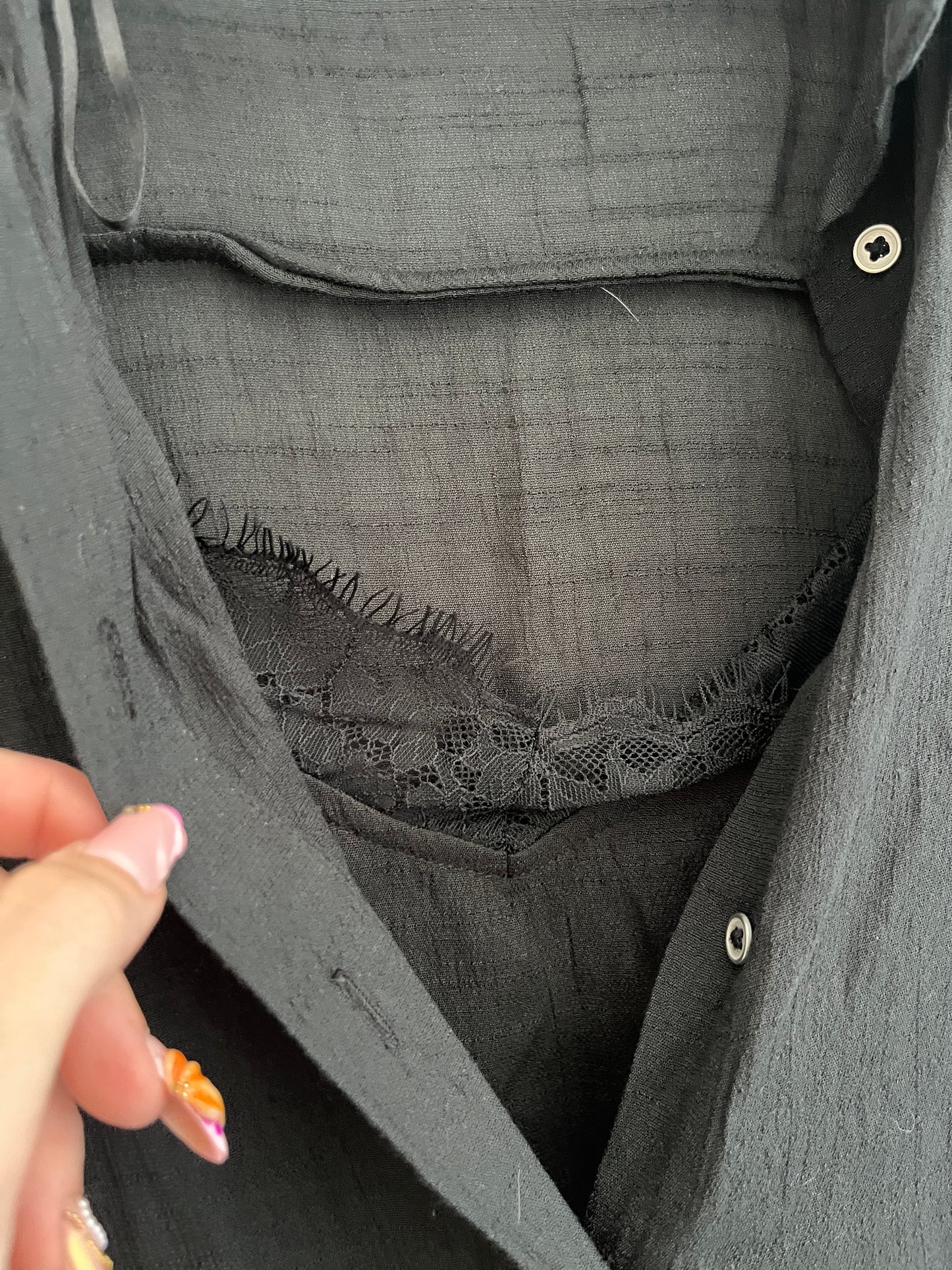 Chemise à manches longues noire effet lin avec détail dentelle Zara - XS