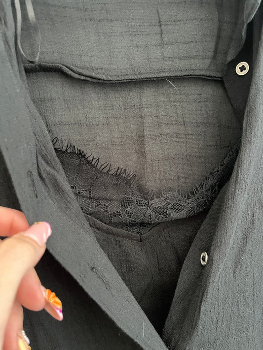Chemise à manches longues noire effet lin avec détail dentelle Zara - XS