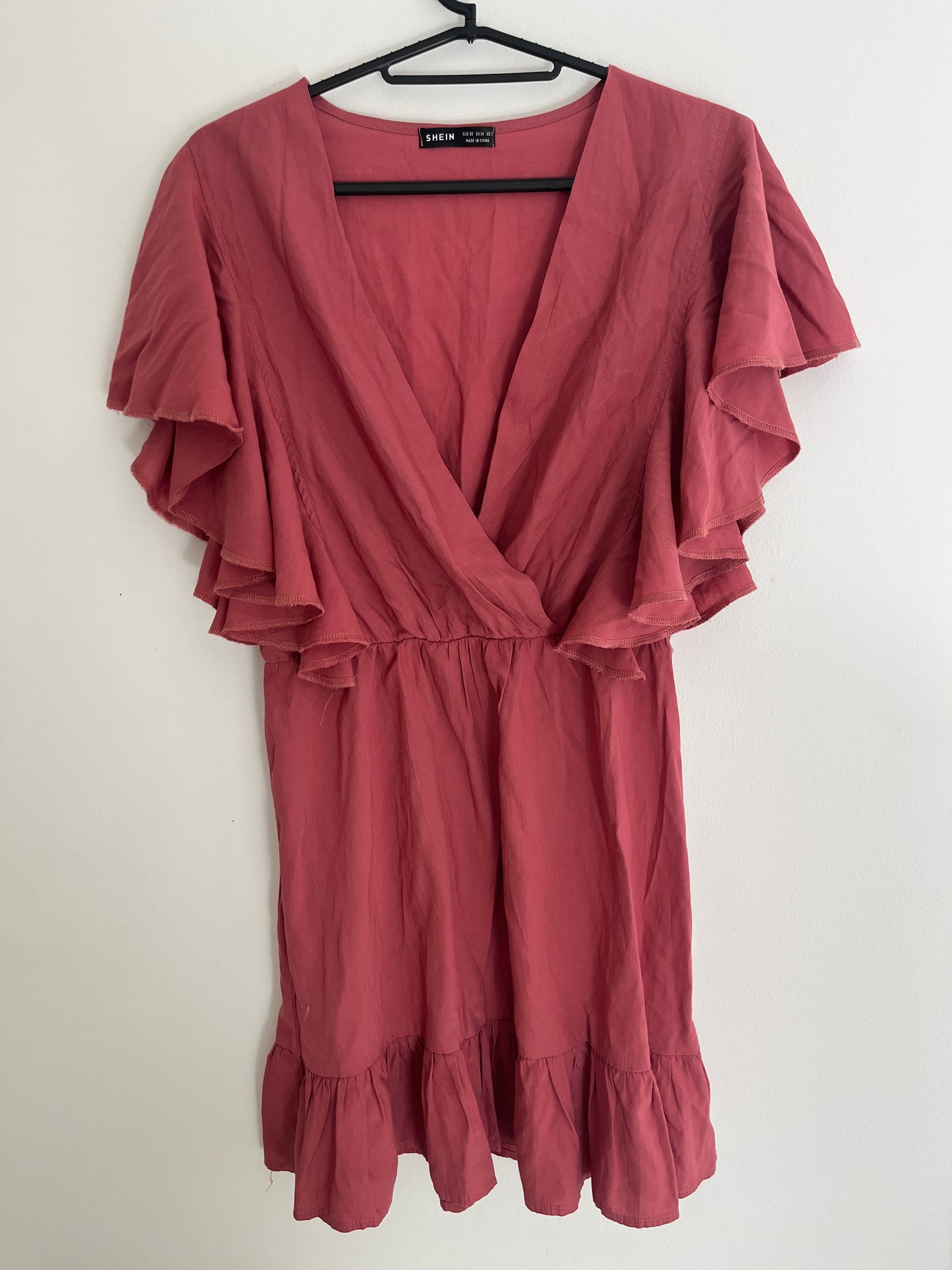 Robe courte à manches courtes volantée rose poudré - XS