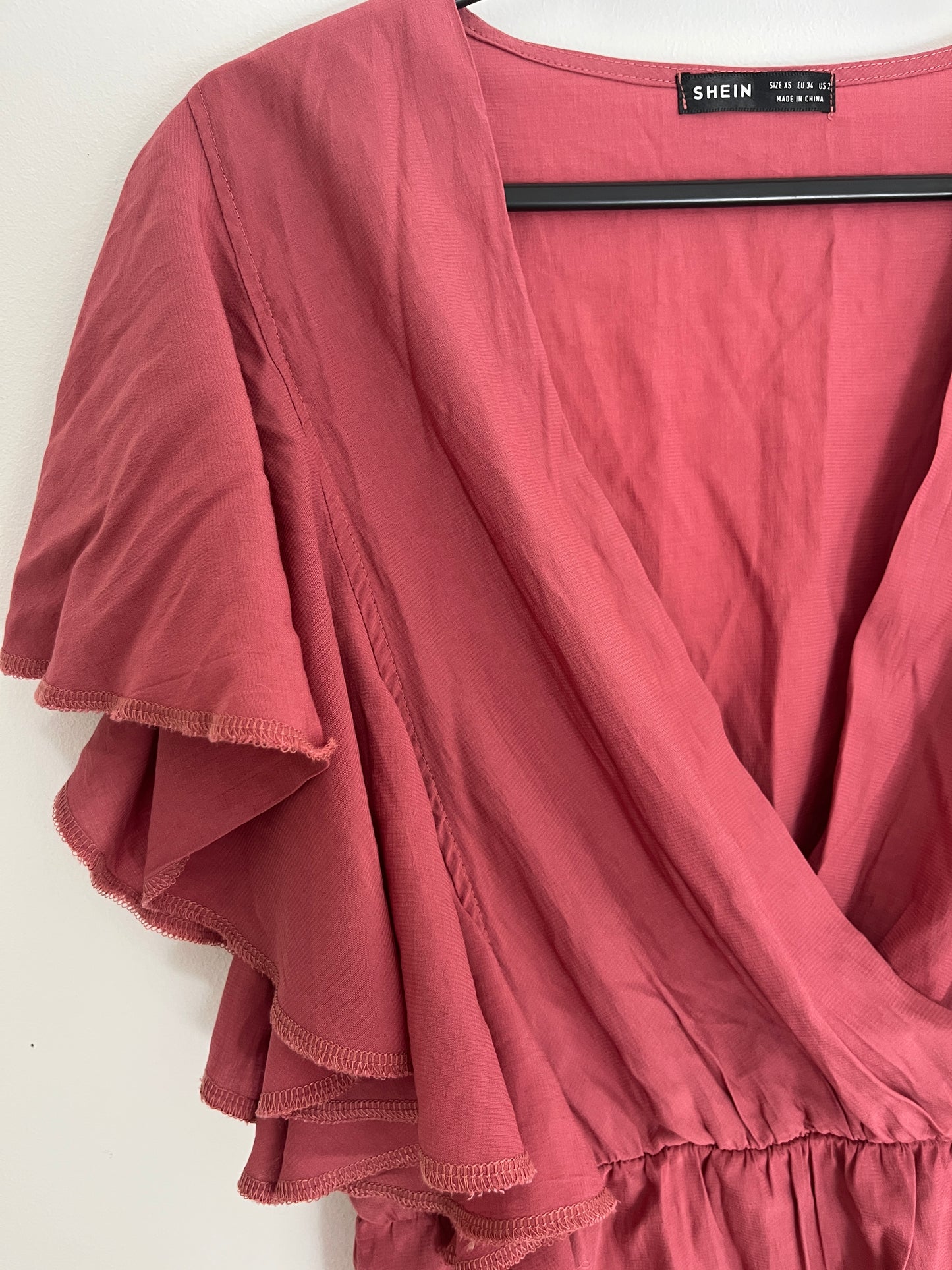 Robe courte à manches courtes volantée rose poudré - XS