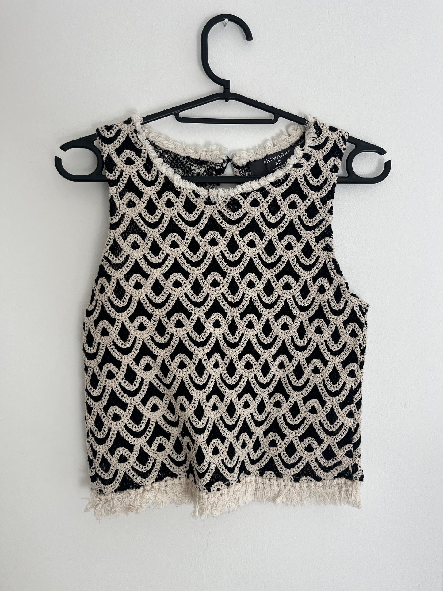 Top effet lin en crochet noir et crème - XS