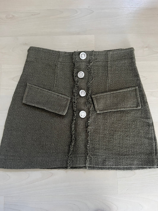Jupe courte en tweed kaki avec boutons - XS