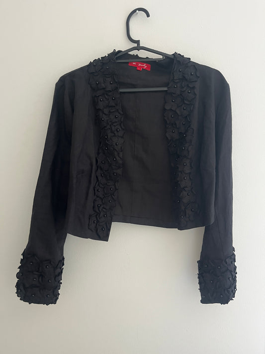 Veste boléro à manches longues noir fleurs en relief en lin et ramie - L
