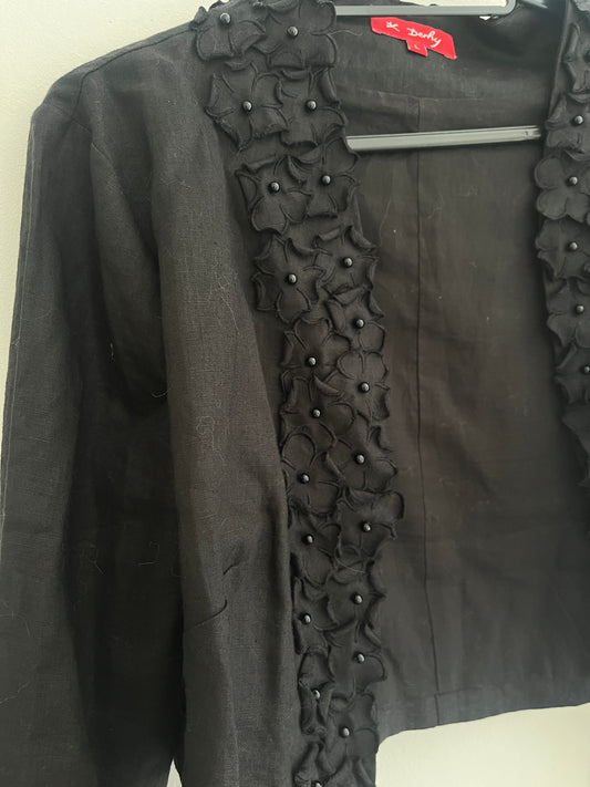 Veste boléro à manches longues noir fleurs en relief en lin et ramie - L