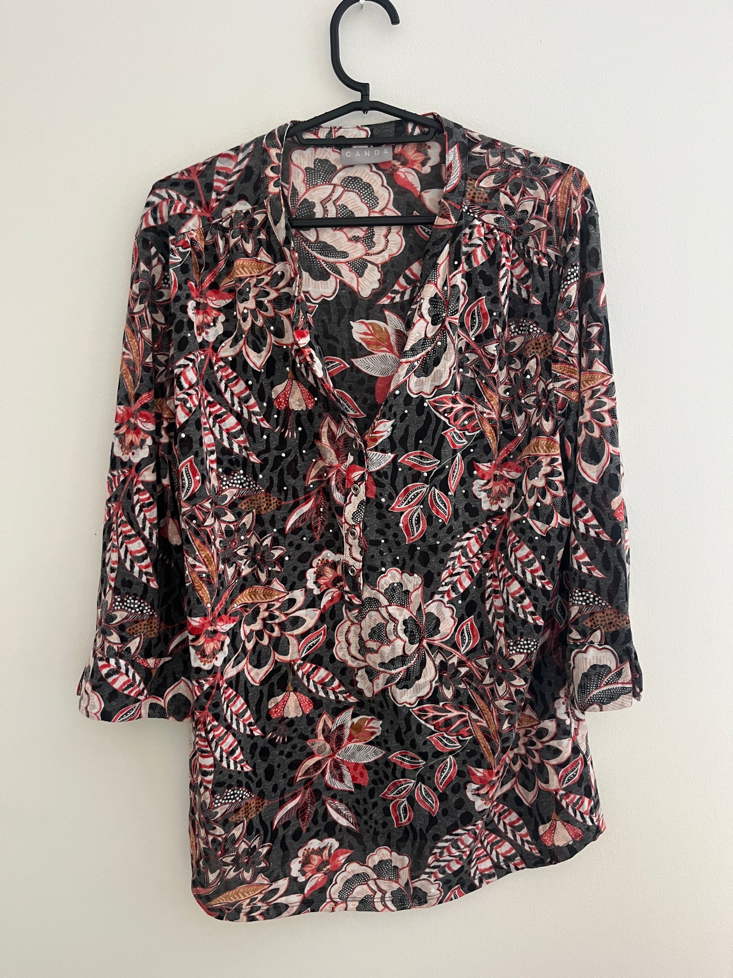Blouse à manches longues grise et rouge à strass - L