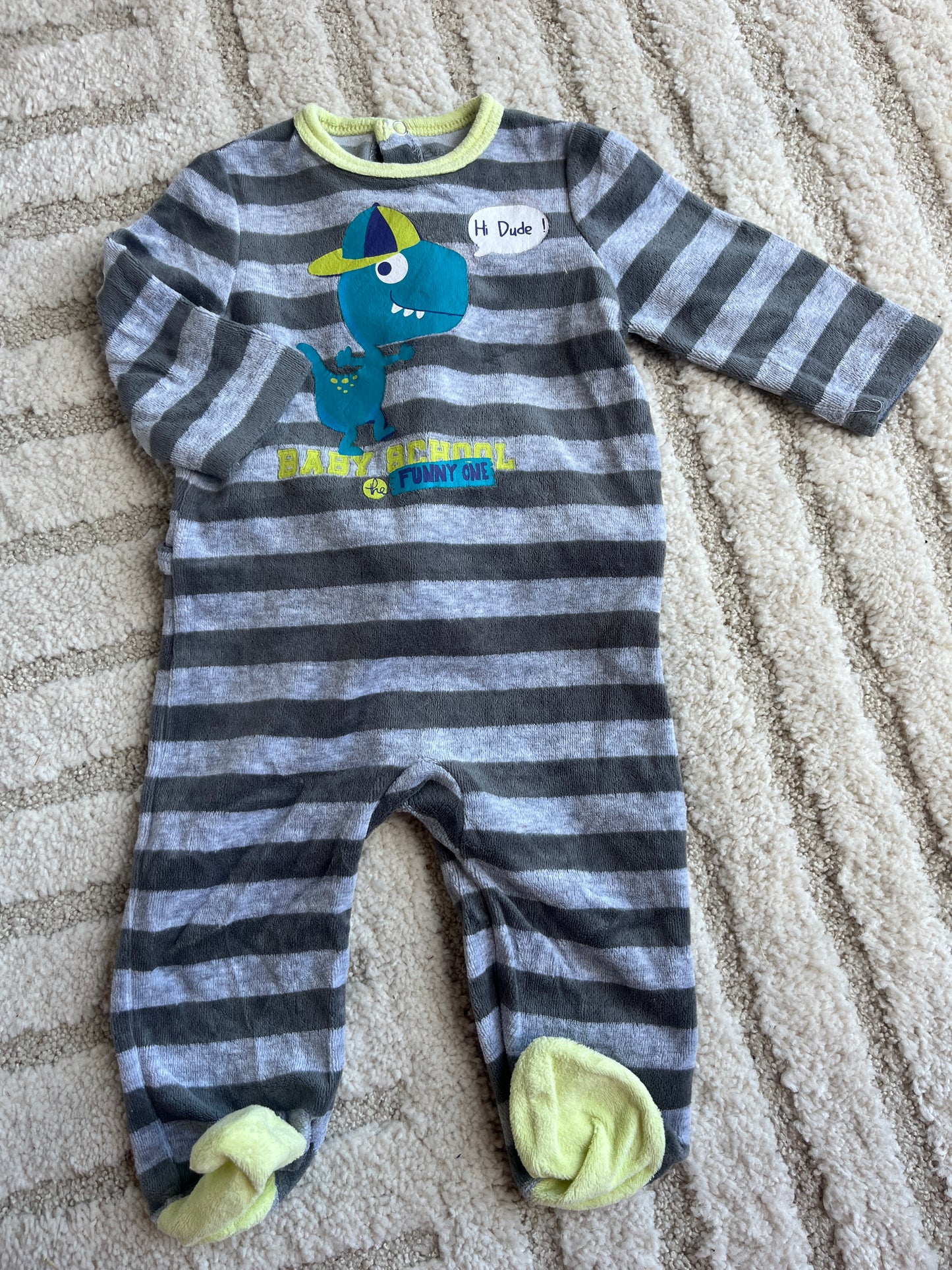 Pyjama velours rayé gris dinosaure « Hi dude » - 9 mois
