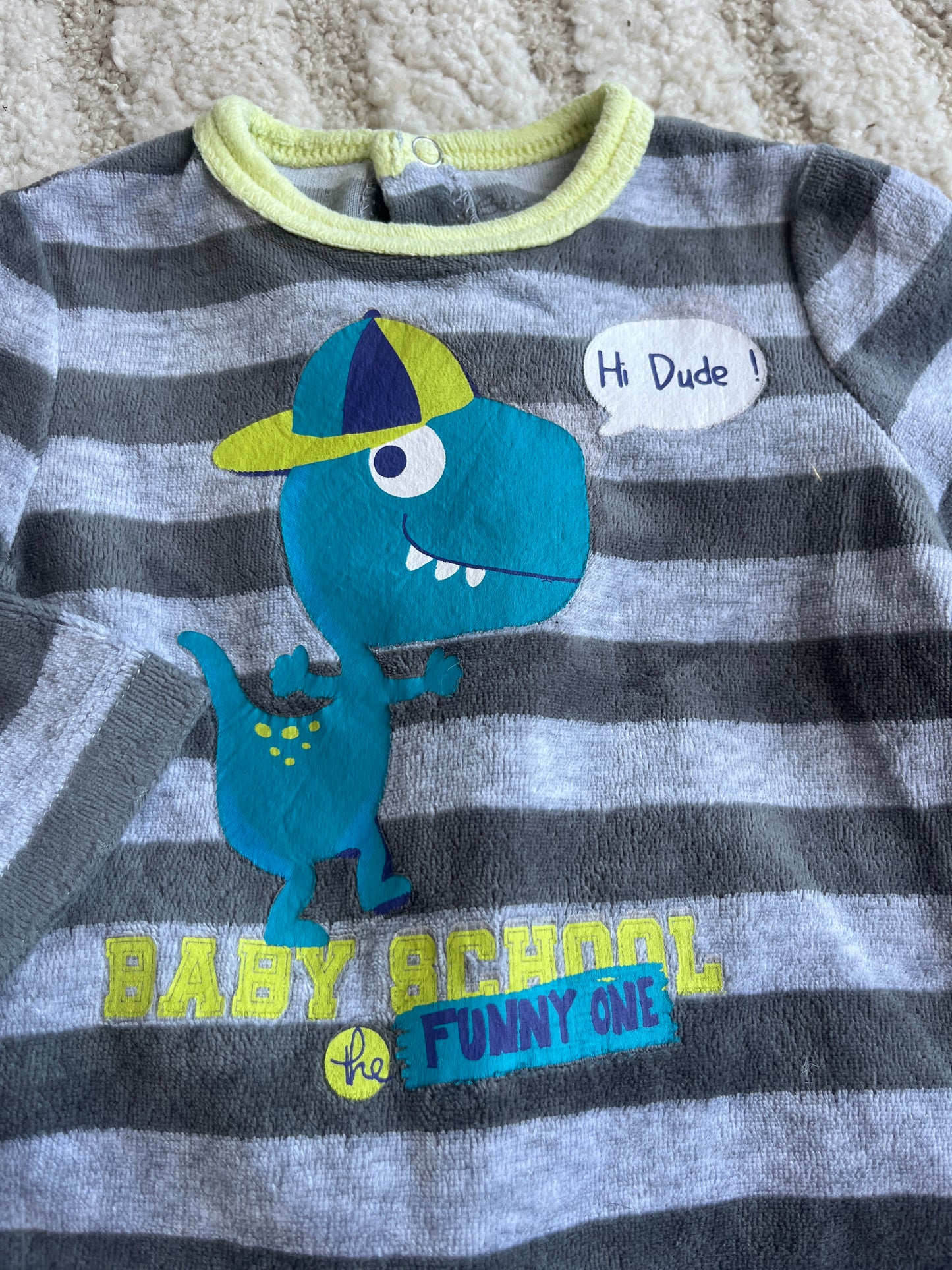 Pyjama velours rayé gris dinosaure « Hi dude » - 9 mois