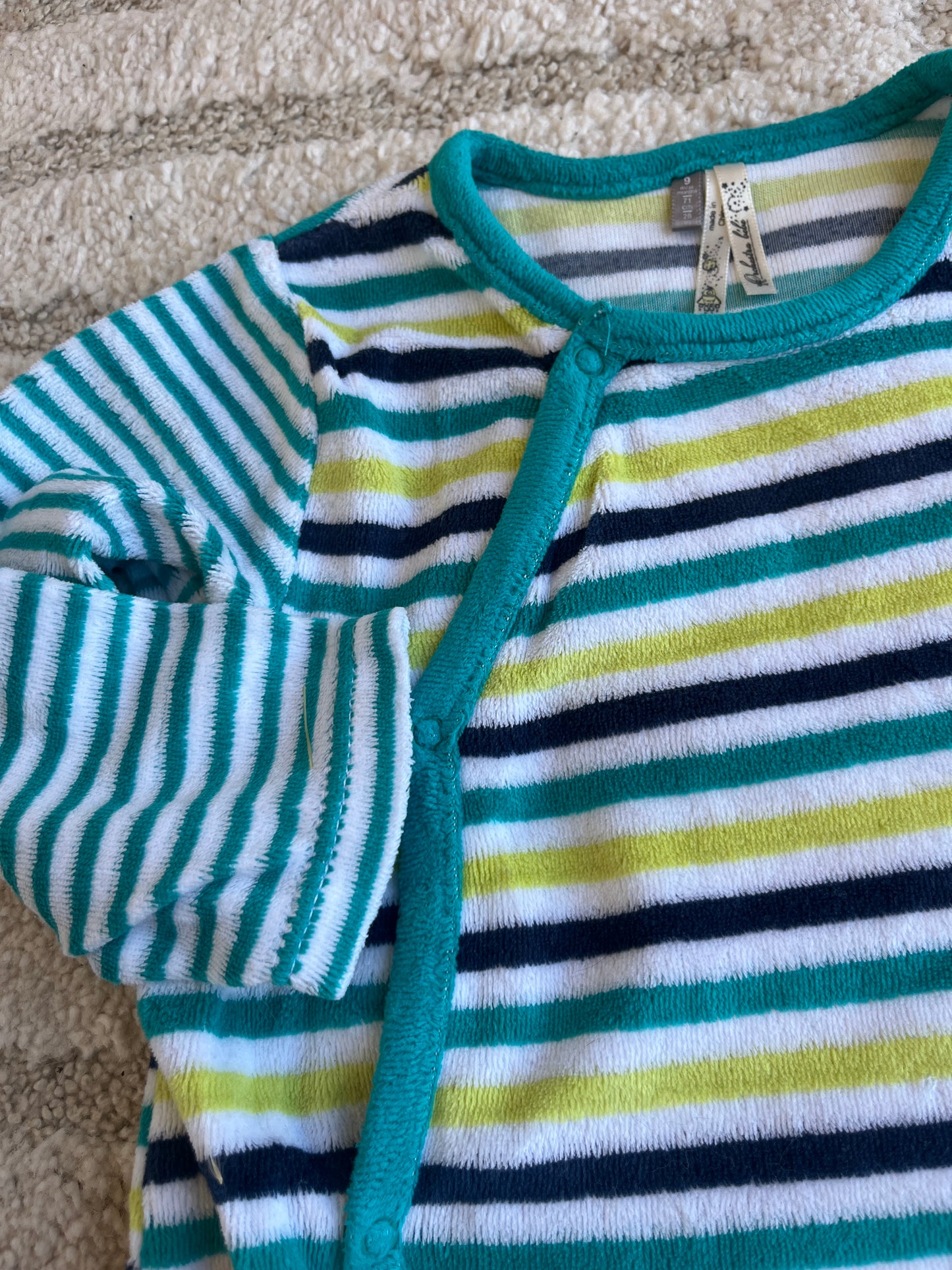 Pyjama velours rayé vert et bleu - 9 mois