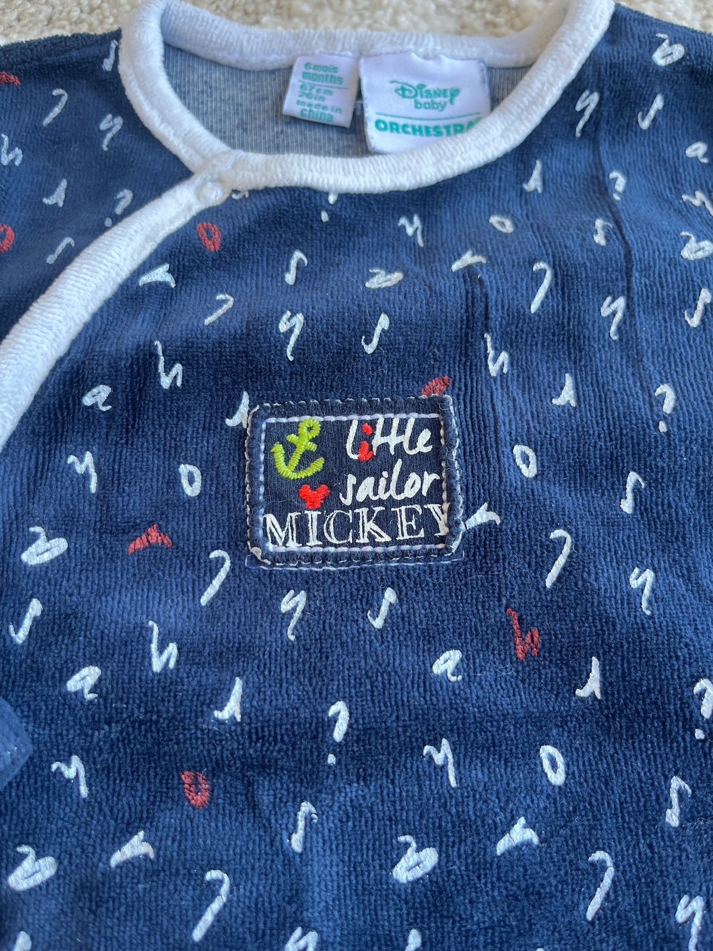 Pyjama velours bleu lettres « Little sailor » Mickey - 6 mois